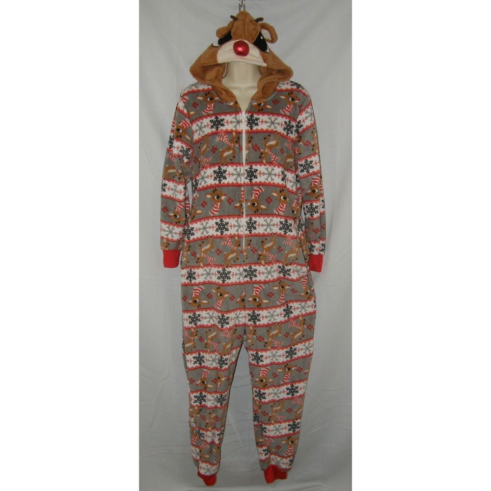Womens Sz Medium Soft Fleece Christmas RUDOLPH Hooded Zip Up 1 Pc Lounge Pajamas